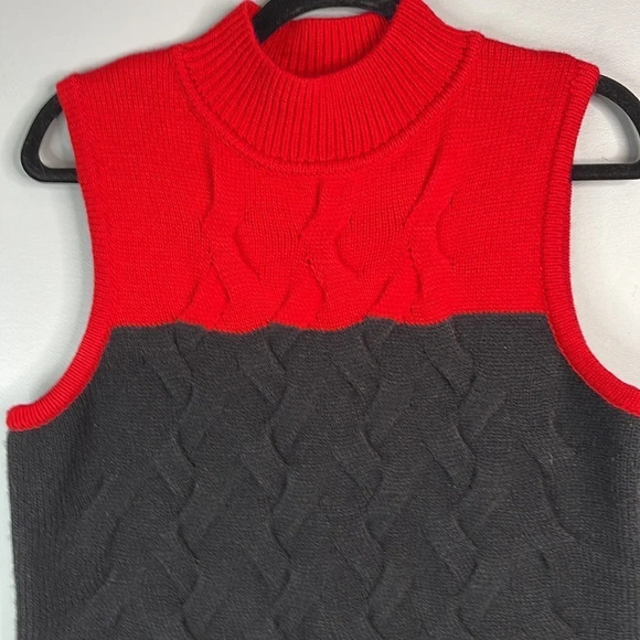 CALVIN KLEIN Red Black Colour Block Sweater Vest Cable Knit Mock Neck Preppy M - Picture 3 of 9